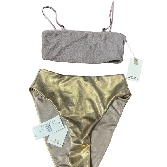 NWT 2 Piece Good American Mink Foil Purple Gold Swim Bikini Set 0 (XS) - Picture 1 of 8